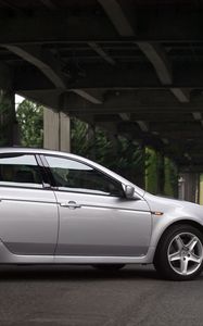 Preview wallpaper acura, tl, 2004, silver metallic, side view, style, cars, bridges, trees, asphalt