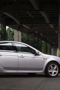 Preview wallpaper acura, tl, 2004, silver metallic, side view, style, cars, bridges, trees, asphalt