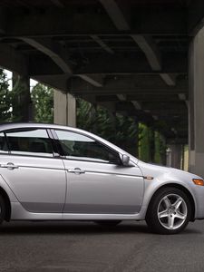 Preview wallpaper acura, tl, 2004, silver metallic, side view, style, cars, bridges, trees, asphalt