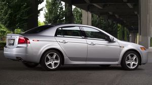 Preview wallpaper acura, tl, 2004, silver metallic, side view, style, cars, bridges, trees, asphalt