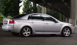 Preview wallpaper acura, tl, 2004, silver metallic, side view, style, cars, bridges, trees, asphalt