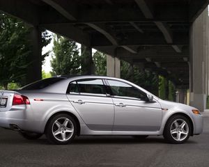 Preview wallpaper acura, tl, 2004, silver metallic, side view, style, cars, bridges, trees, asphalt