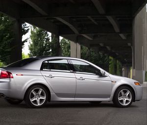 Preview wallpaper acura, tl, 2004, silver metallic, side view, style, cars, bridges, trees, asphalt