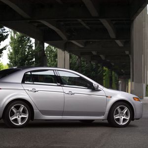 Preview wallpaper acura, tl, 2004, silver metallic, side view, style, cars, bridges, trees, asphalt