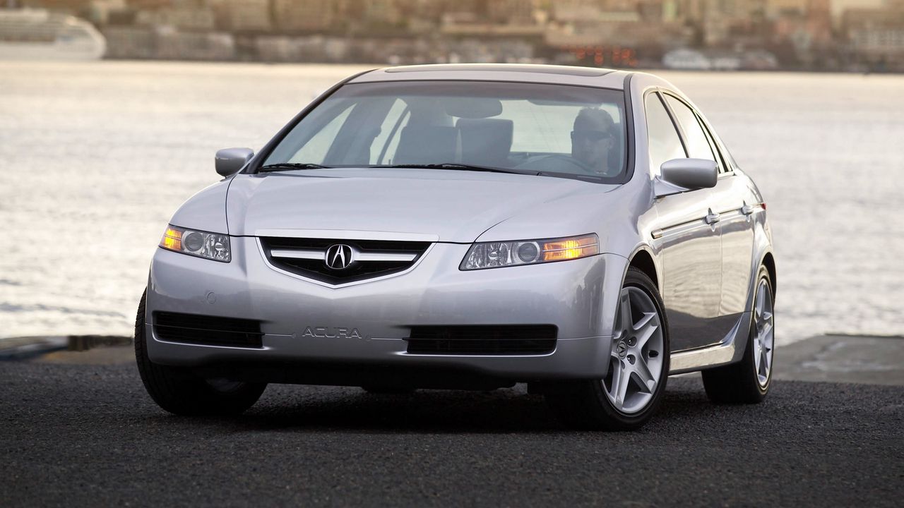 Wallpaper acura, tl, 2004, silver metallic, front view, style, cars, sunset, city, water