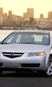 Preview wallpaper acura, tl, 2004, silver metallic, front view, style, cars, sunset, city, water