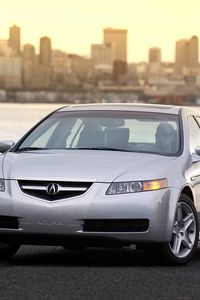 Preview wallpaper acura, tl, 2004, silver metallic, front view, style, cars, sunset, city, water