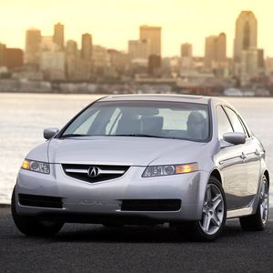 Preview wallpaper acura, tl, 2004, silver metallic, front view, style, cars, sunset, city, water