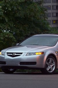Preview wallpaper acura, tl, 2004, silver metallic, side view, style, cars, buildings, trees, asphalt