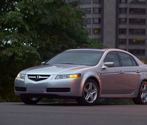Preview wallpaper acura, tl, 2004, silver metallic, side view, style, cars, buildings, trees, asphalt