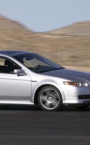Preview wallpaper acura, tl, 2004, silver metallic, side view, style, cars, speed, mountains, asphalt