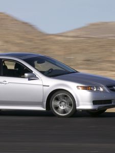 Preview wallpaper acura, tl, 2004, silver metallic, side view, style, cars, speed, mountains, asphalt