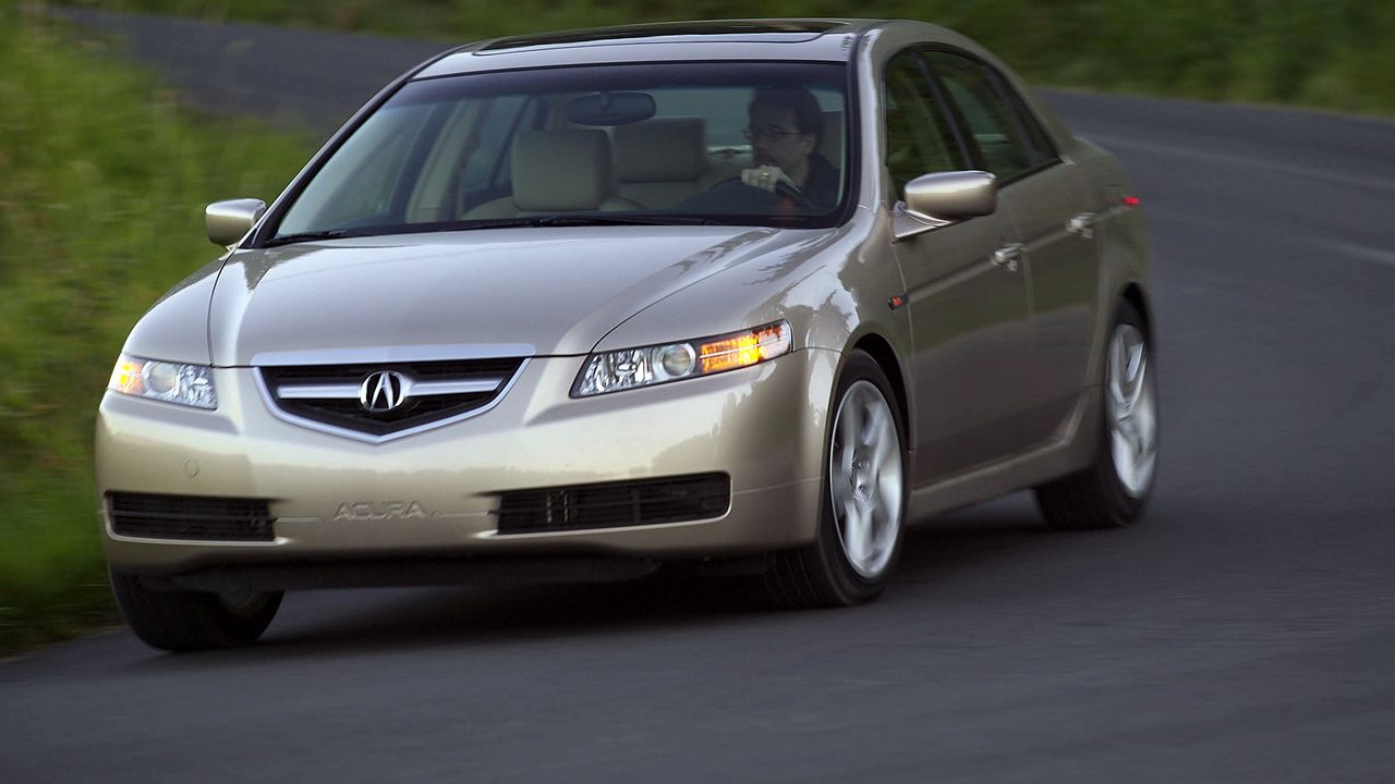 Wallpaper acura, tl, 2004, beige metallic, front view, style, cars, grass, speed, asphalt