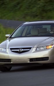 Preview wallpaper acura, tl, 2004, beige metallic, front view, style, cars, grass, speed, asphalt