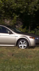 Preview wallpaper acura, tl, 2004, silver metallic, side view, style, cars, nature, trees, grass