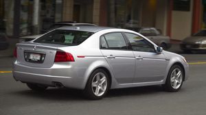 Preview wallpaper acura, tl, 2004, silver metallic, side view, style, cars, street, building speed, asphalt