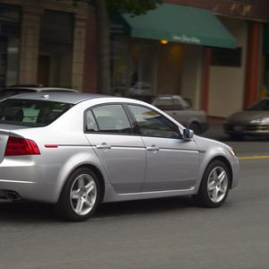 Preview wallpaper acura, tl, 2004, silver metallic, side view, style, cars, street, building speed, asphalt