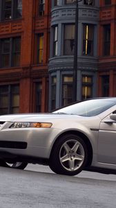 Preview wallpaper acura, tl, 2004, white metallic, side view, style, cars, buildings, asphalt
