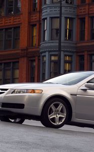 Preview wallpaper acura, tl, 2004, white metallic, side view, style, cars, buildings, asphalt