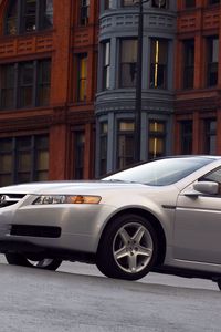 Preview wallpaper acura, tl, 2004, white metallic, side view, style, cars, buildings, asphalt