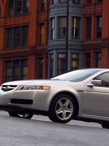 Preview wallpaper acura, tl, 2004, white metallic, side view, style, cars, buildings, asphalt