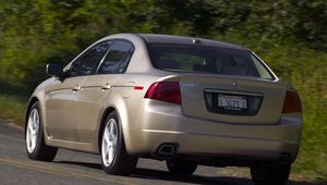 Preview wallpaper acura, tl, 2004, beige metallic, rear view, style, cars, speed, trees, asphalt