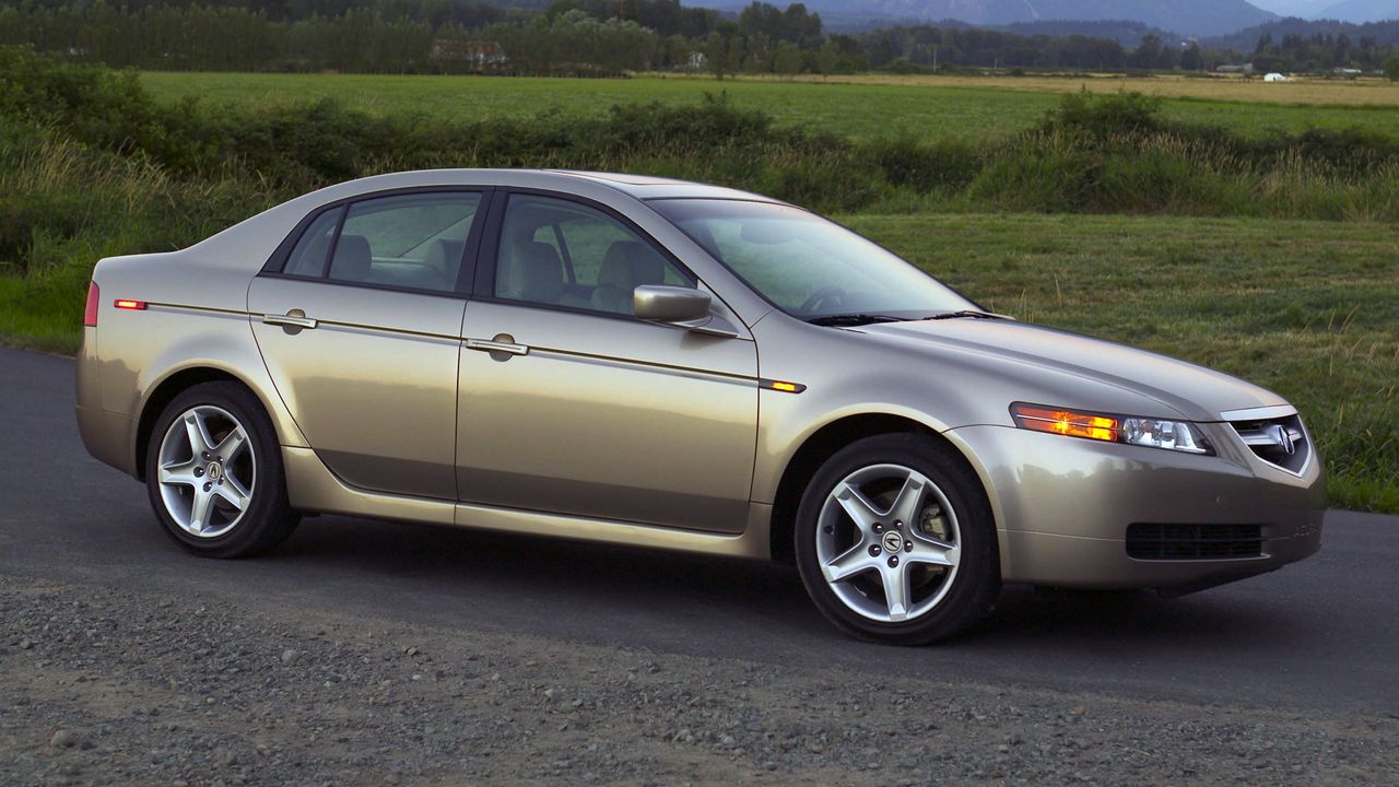 Wallpaper acura, tl, 2004, beige metallic, side view, style, cars, nature, mountains, trees, grass, asphalt