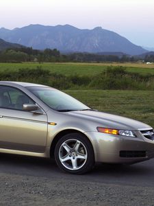 Preview wallpaper acura, tl, 2004, beige metallic, side view, style, cars, nature, mountains, trees, grass, asphalt