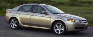 Preview wallpaper acura, tl, 2004, beige metallic, side view, style, cars, nature, mountains, trees, grass, asphalt