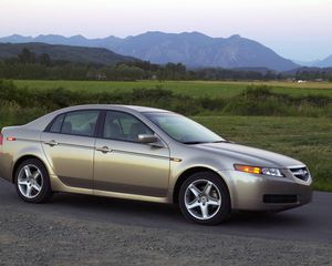 Preview wallpaper acura, tl, 2004, beige metallic, side view, style, cars, nature, mountains, trees, grass, asphalt