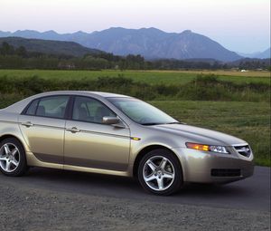 Preview wallpaper acura, tl, 2004, beige metallic, side view, style, cars, nature, mountains, trees, grass, asphalt