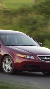 Preview wallpaper acura, tl, 2004, red, side view, style, cars, nature, speed, grass