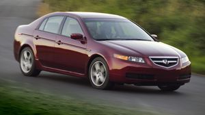 Preview wallpaper acura, tl, 2004, red, side view, style, cars, nature, speed, grass