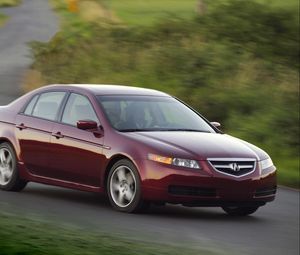 Preview wallpaper acura, tl, 2004, red, side view, style, cars, nature, speed, grass