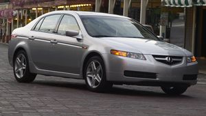 Preview wallpaper acura, tl, 2004, metallic gray, side view, style, cars, street, building