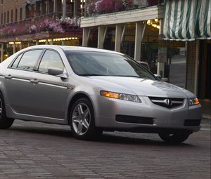 Preview wallpaper acura, tl, 2004, metallic gray, side view, style, cars, street, building