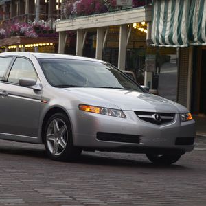 Preview wallpaper acura, tl, 2004, metallic gray, side view, style, cars, street, building
