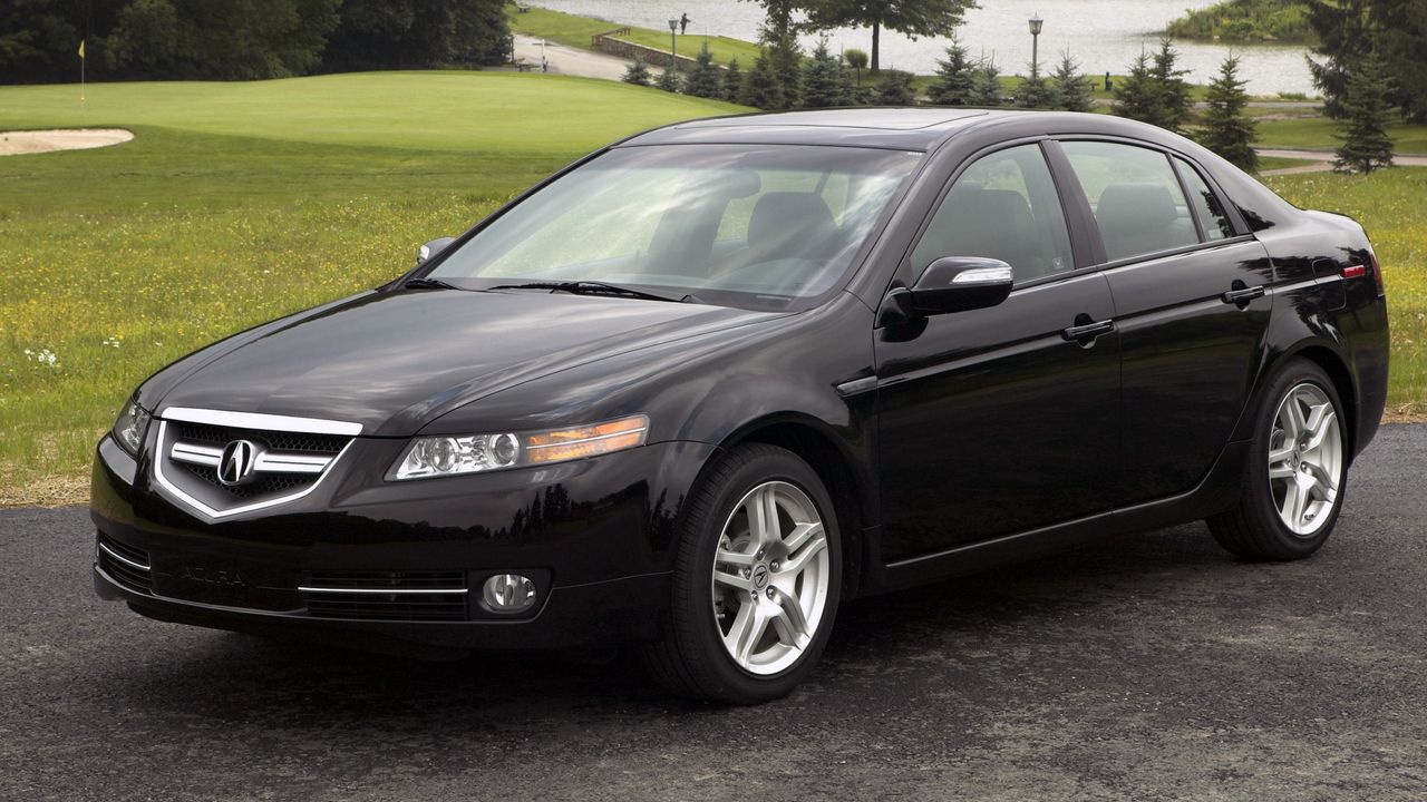 Wallpaper acura, tl, 2007, black, side view, style, cars, nature, trees, lawn, water