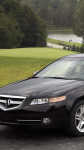 Preview wallpaper acura, tl, 2007, black, side view, style, cars, nature, trees, lawn, water