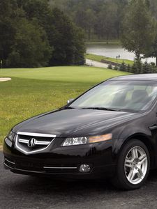 Preview wallpaper acura, tl, 2007, black, side view, style, cars, nature, trees, lawn, water