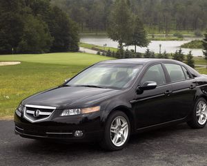 Preview wallpaper acura, tl, 2007, black, side view, style, cars, nature, trees, lawn, water