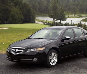 Preview wallpaper acura, tl, 2007, black, side view, style, cars, nature, trees, lawn, water
