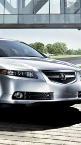 Preview wallpaper acura, tl, 2007, silver metallic, front view, style, cars, nature, trees, grass, building, street, asphalt