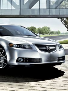 Preview wallpaper acura, tl, 2007, silver metallic, front view, style, cars, nature, trees, grass, building, street, asphalt