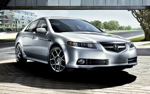 Preview wallpaper acura, tl, 2007, silver metallic, front view, style, cars, nature, trees, grass, building, street, asphalt