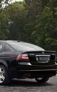 Preview wallpaper acura, tl, 2007, black, side view, style, cars, nature, trees, grass, asphalt