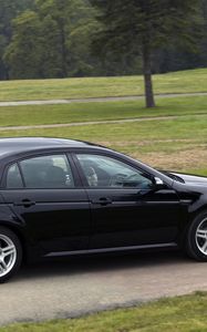 Preview wallpaper acura, tl, 2007, black, side view, style, cars, trees, grass, asphalt