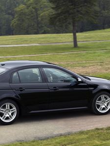 Preview wallpaper acura, tl, 2007, black, side view, style, cars, trees, grass, asphalt