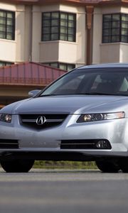 Preview wallpaper acura, tl, 2007, silver metallic, front view, style, cars, buildings, grass
