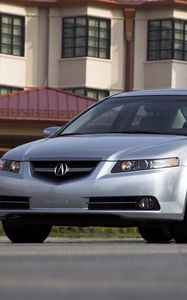 Preview wallpaper acura, tl, 2007, silver metallic, front view, style, cars, buildings, grass